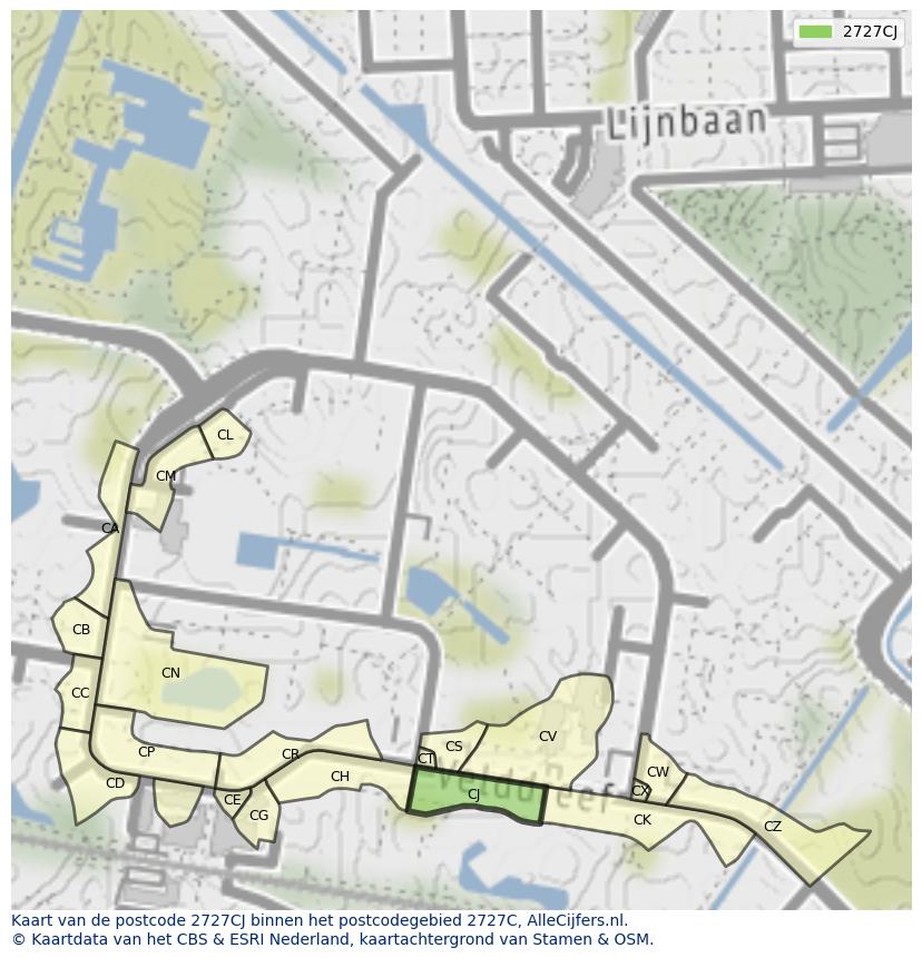 Afbeelding van het postcodegebied 2727 CJ op de kaart.