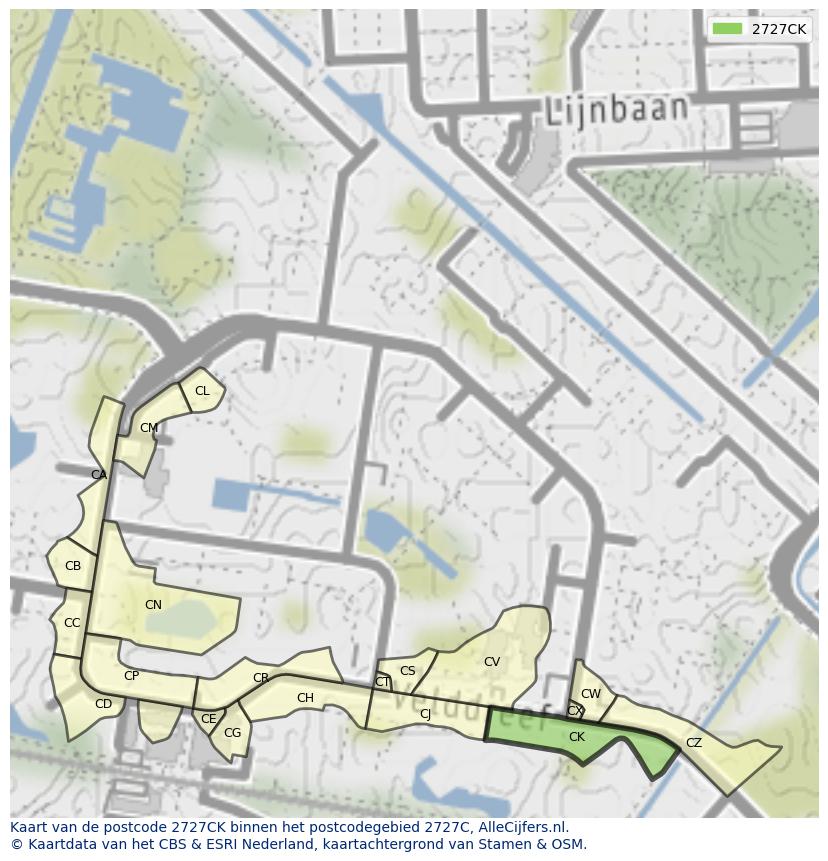 Afbeelding van het postcodegebied 2727 CK op de kaart.