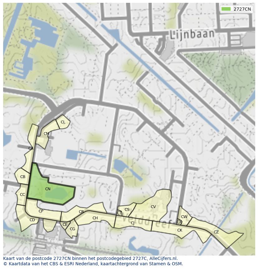 Afbeelding van het postcodegebied 2727 CN op de kaart.