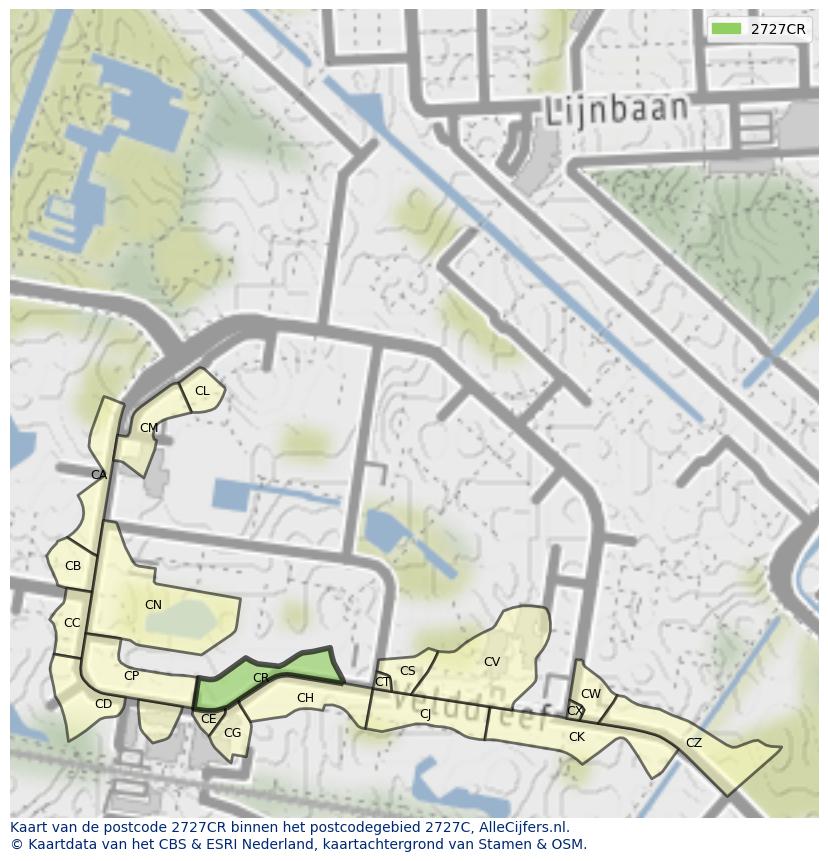 Afbeelding van het postcodegebied 2727 CR op de kaart.