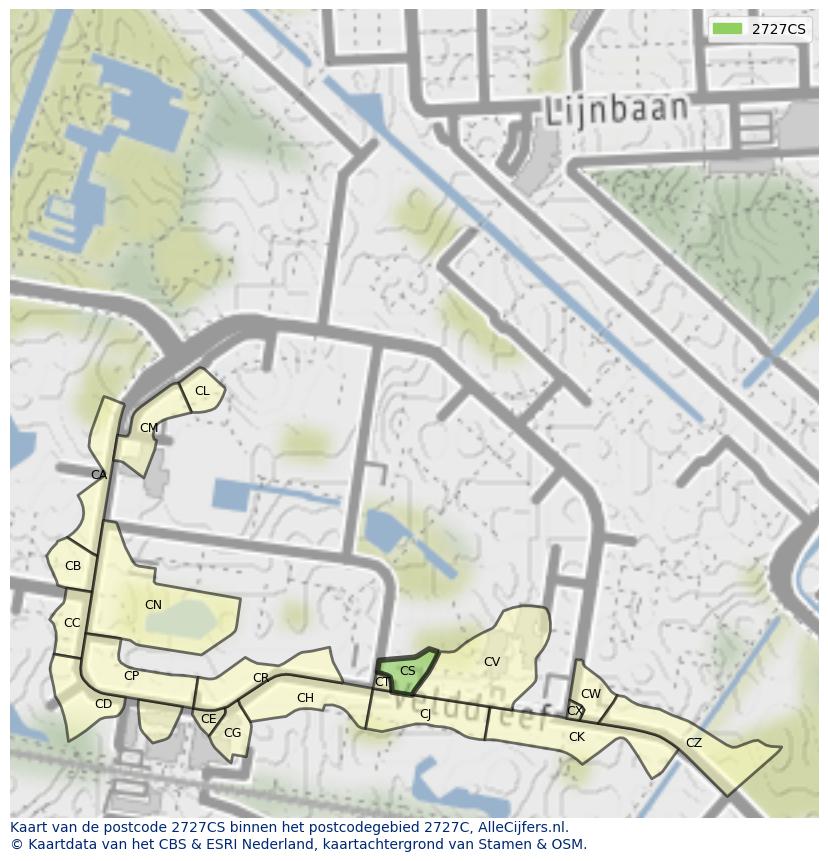 Afbeelding van het postcodegebied 2727 CS op de kaart.