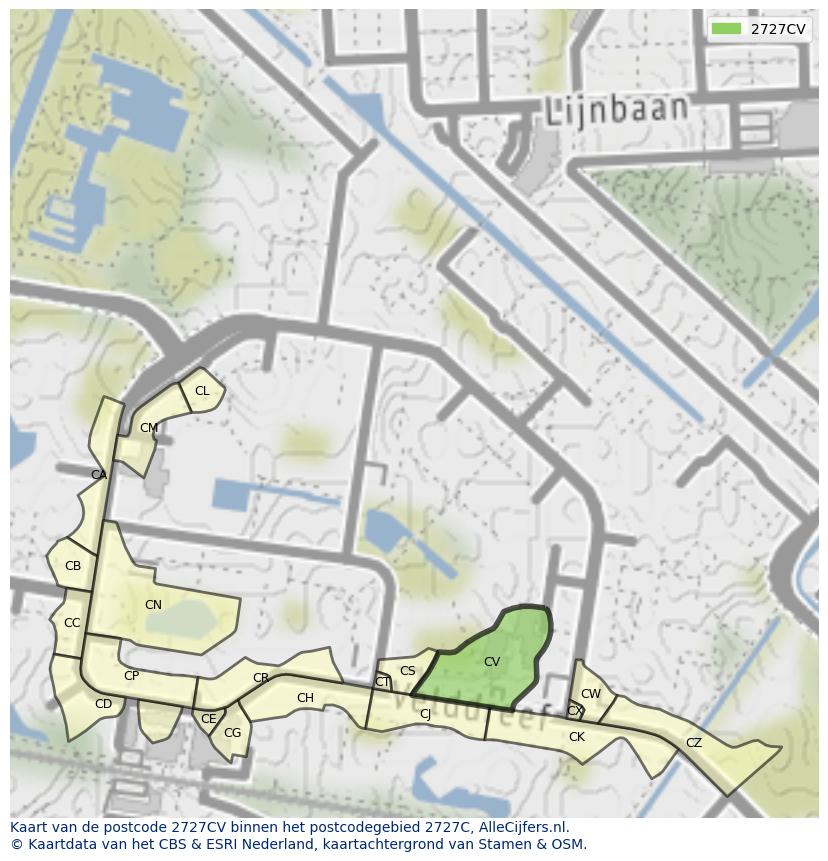 Afbeelding van het postcodegebied 2727 CV op de kaart.