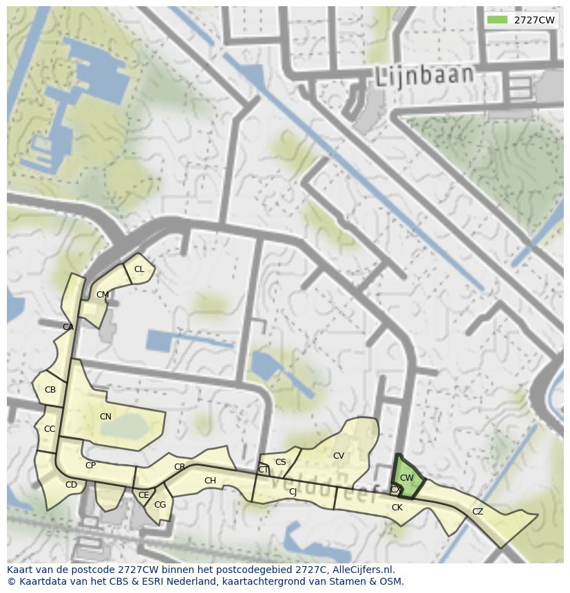 Afbeelding van het postcodegebied 2727 CW op de kaart.
