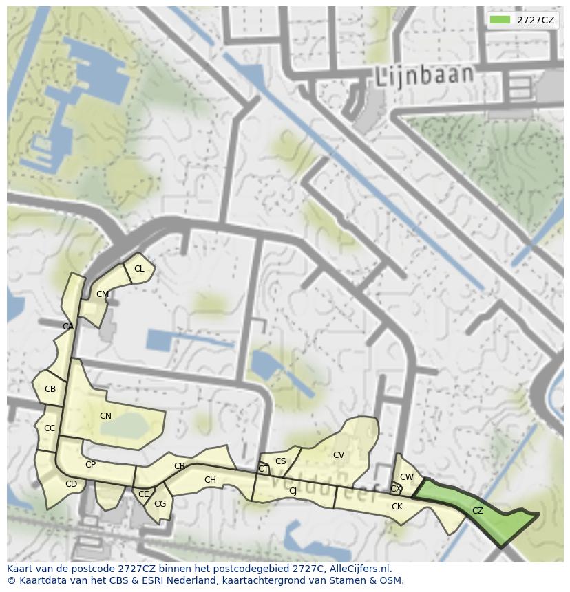 Afbeelding van het postcodegebied 2727 CZ op de kaart.