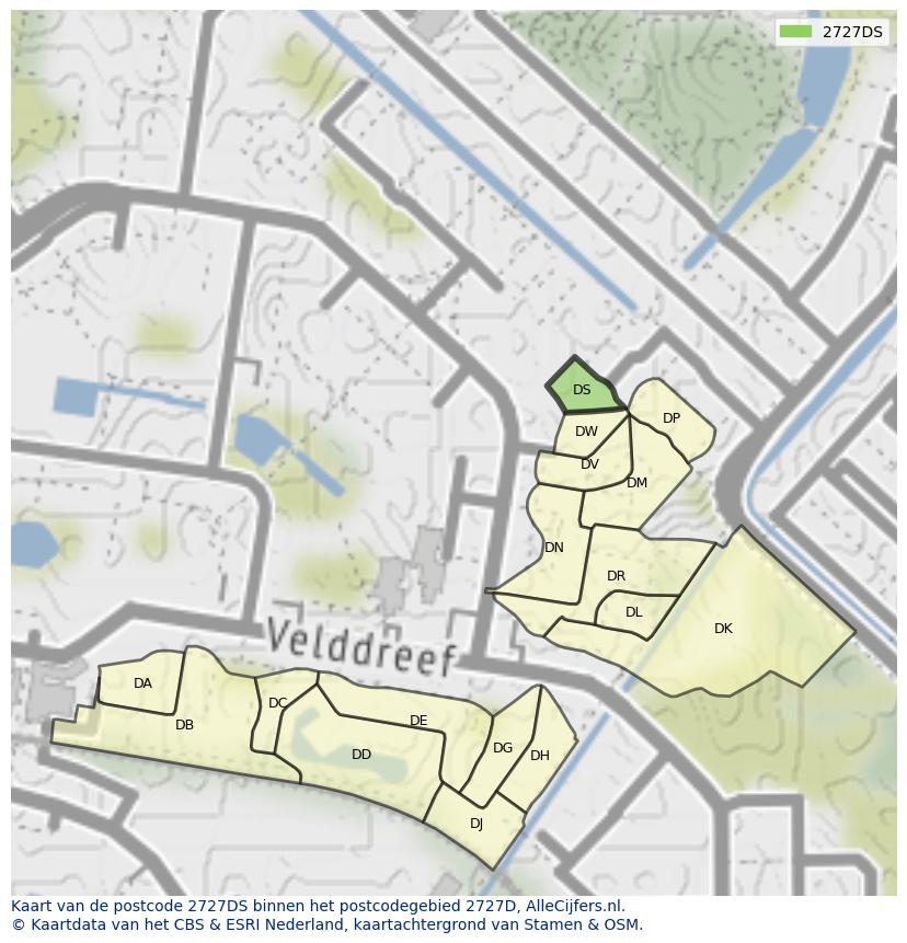 Afbeelding van het postcodegebied 2727 DS op de kaart.