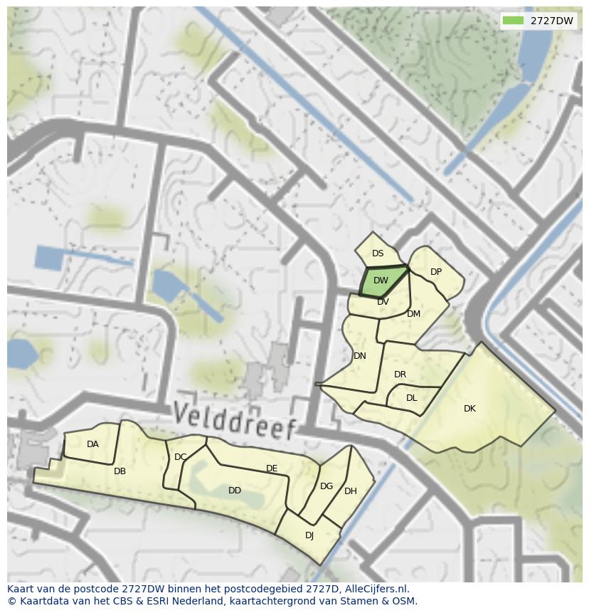 Afbeelding van het postcodegebied 2727 DW op de kaart.