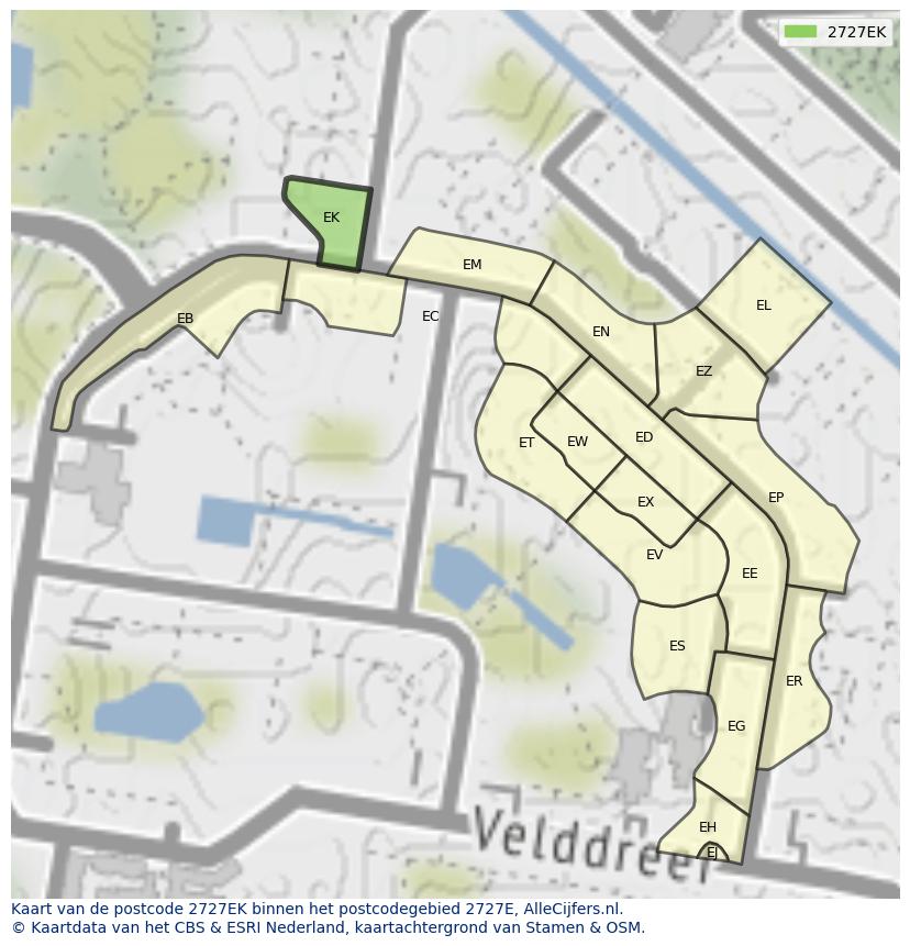 Afbeelding van het postcodegebied 2727 EK op de kaart.