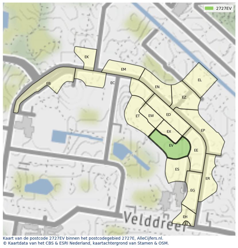 Afbeelding van het postcodegebied 2727 EV op de kaart.