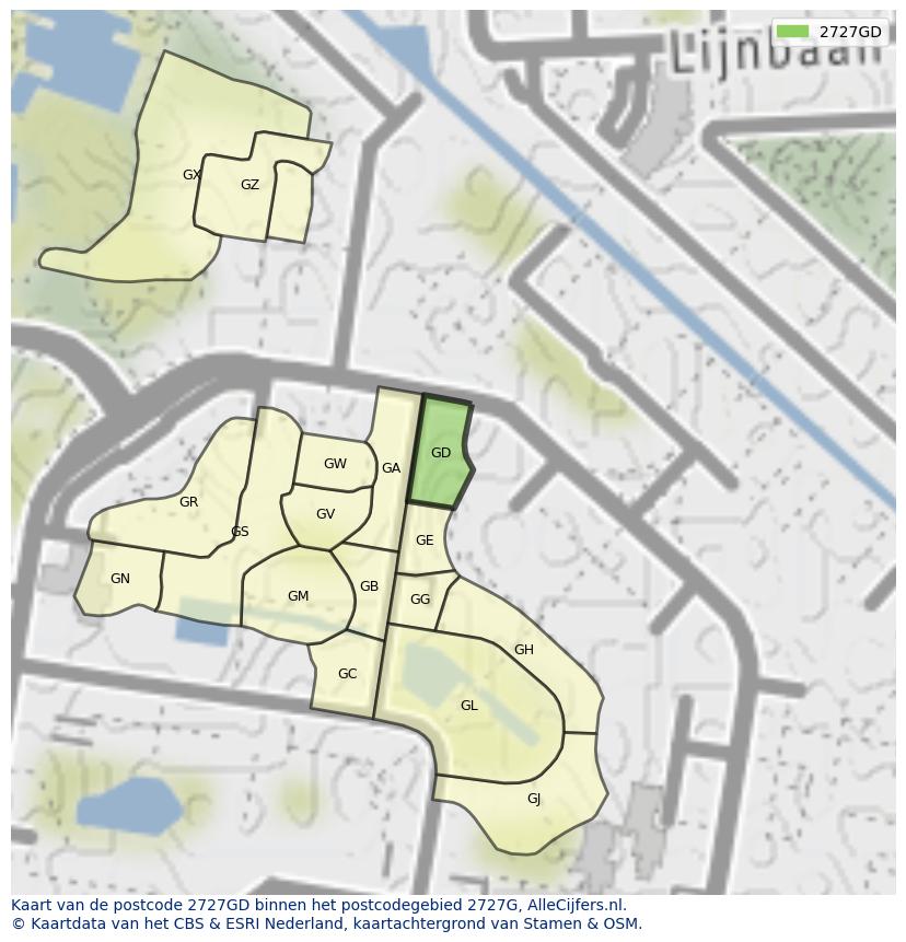 Afbeelding van het postcodegebied 2727 GD op de kaart.