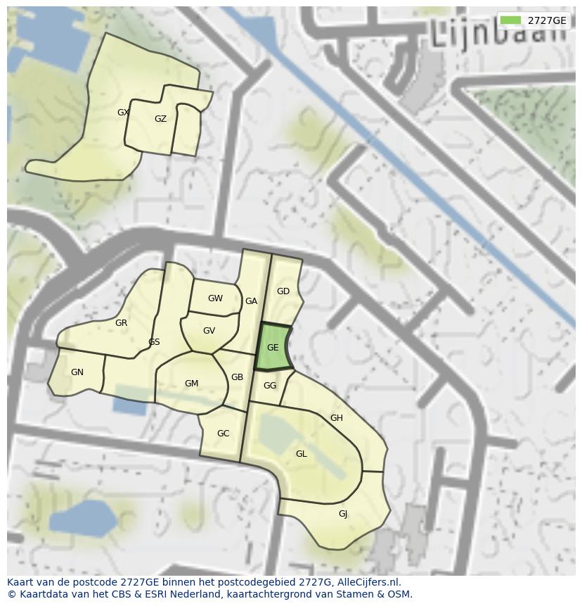 Afbeelding van het postcodegebied 2727 GE op de kaart.