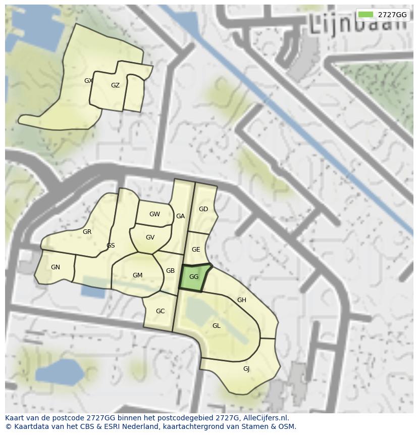 Afbeelding van het postcodegebied 2727 GG op de kaart.