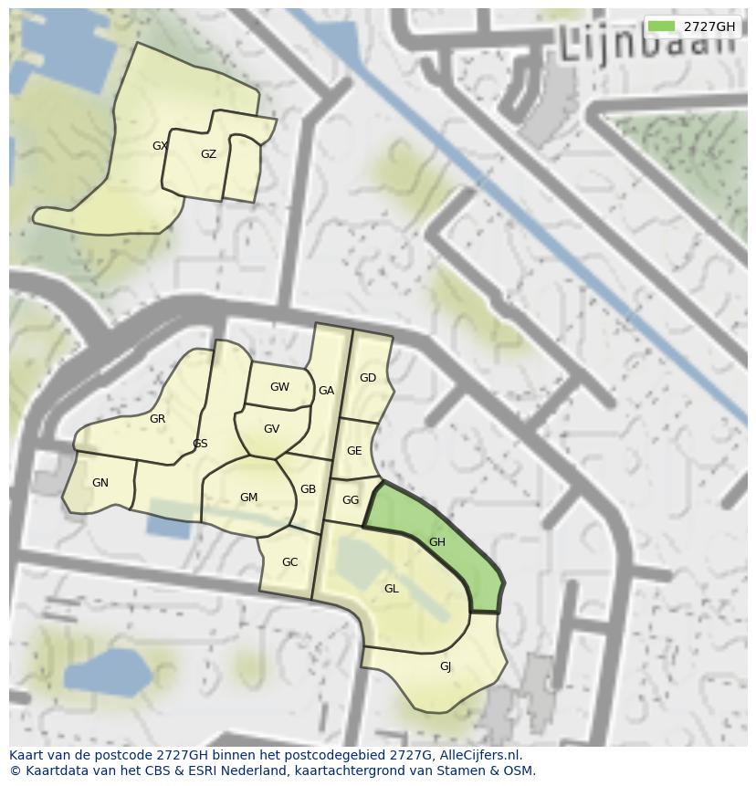 Afbeelding van het postcodegebied 2727 GH op de kaart.