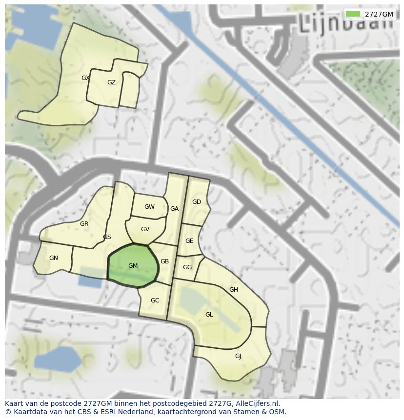 Afbeelding van het postcodegebied 2727 GM op de kaart.