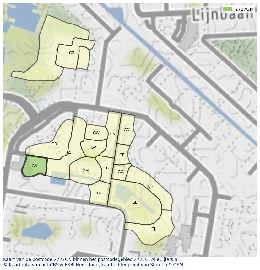 Afbeelding van het postcodegebied 2727 GN op de kaart.