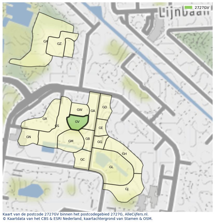 Afbeelding van het postcodegebied 2727 GV op de kaart.