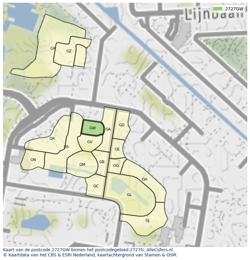 Afbeelding van het postcodegebied 2727 GW op de kaart.