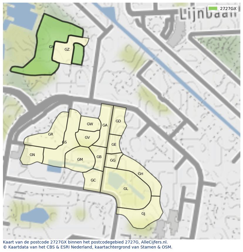 Afbeelding van het postcodegebied 2727 GX op de kaart.