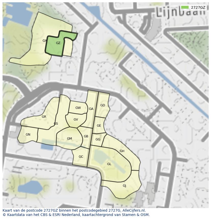 Afbeelding van het postcodegebied 2727 GZ op de kaart.