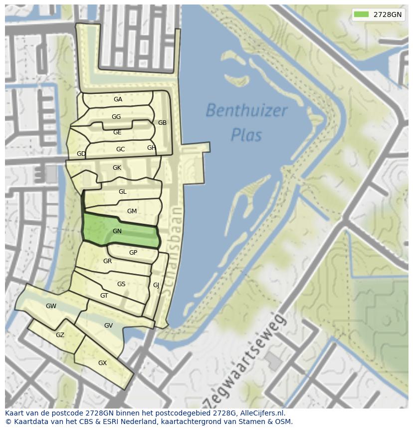 Afbeelding van het postcodegebied 2728 GN op de kaart.