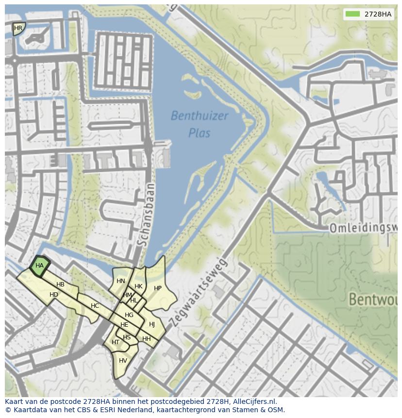 Afbeelding van het postcodegebied 2728 HA op de kaart.
