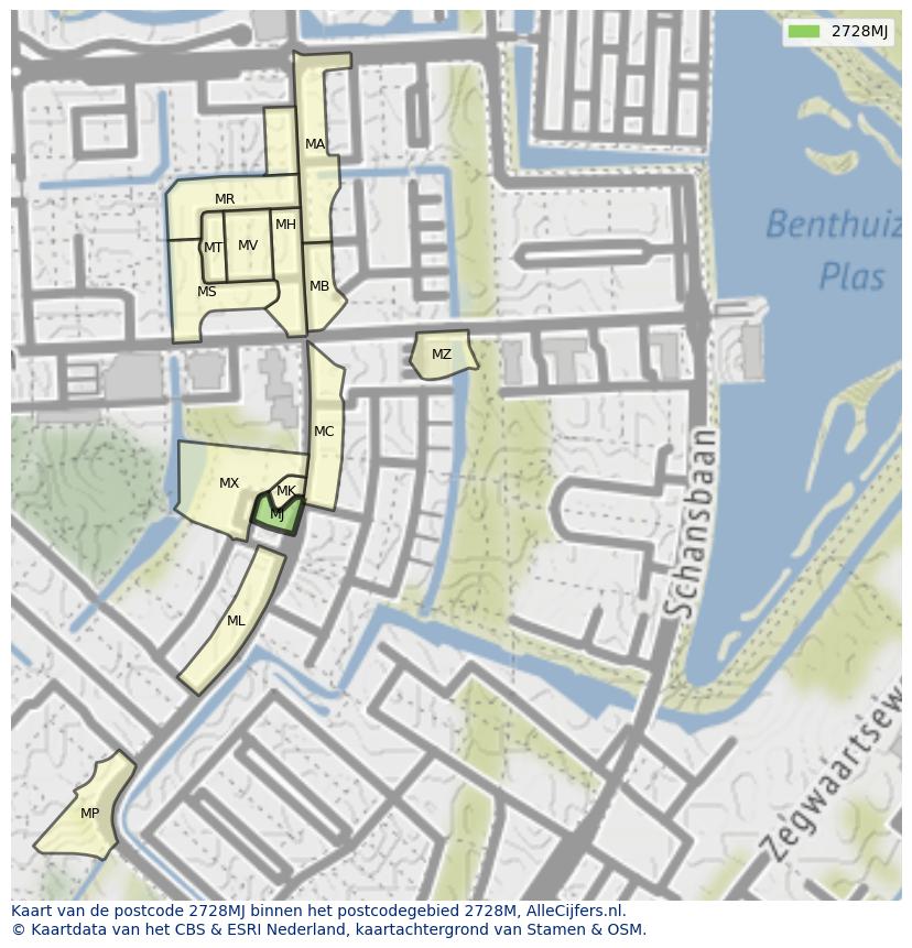 Afbeelding van het postcodegebied 2728 MJ op de kaart.