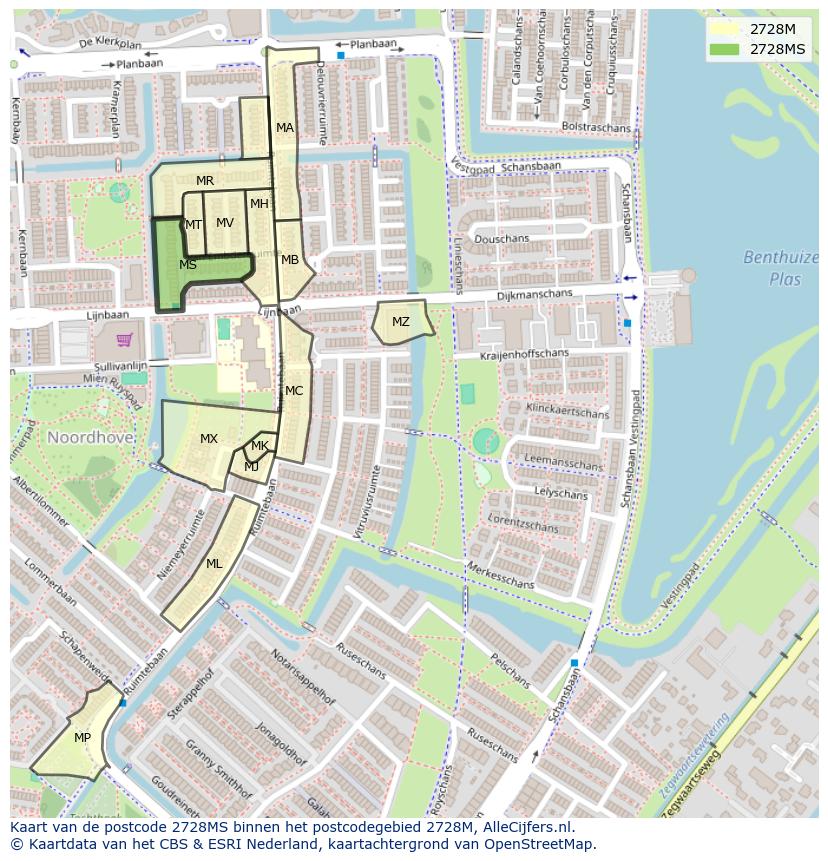 Afbeelding van het postcodegebied 2728 MS op de kaart.