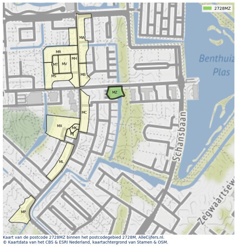 Afbeelding van het postcodegebied 2728 MZ op de kaart.