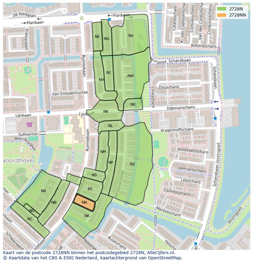 Afbeelding van het postcodegebied 2728 NN op de kaart.