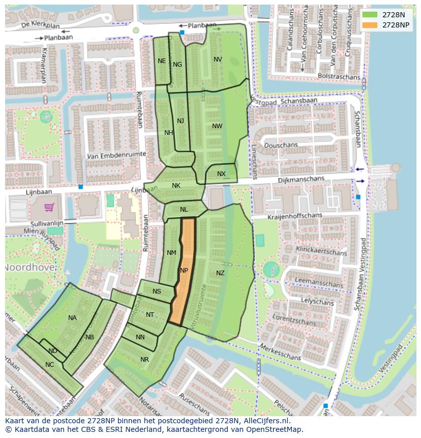 Afbeelding van het postcodegebied 2728 NP op de kaart.