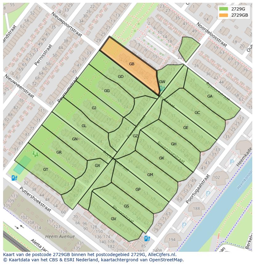 Afbeelding van het postcodegebied 2729 GB op de kaart.