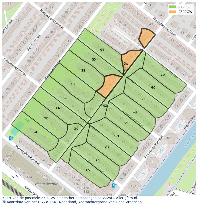 Afbeelding van het postcodegebied 2729 GW op de kaart.