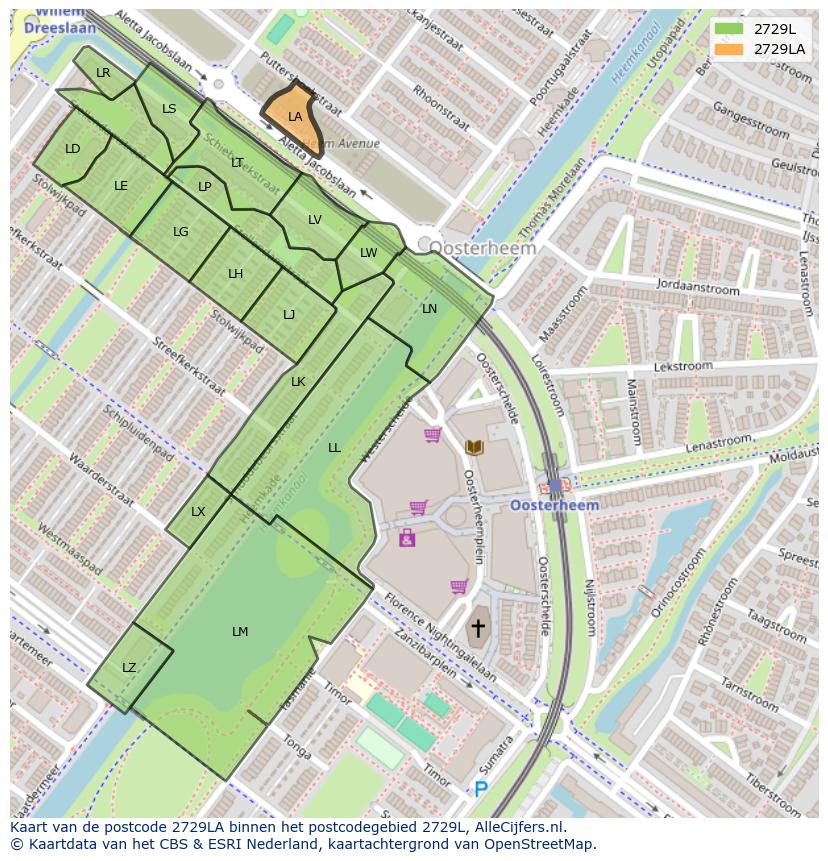 Afbeelding van het postcodegebied 2729 LA op de kaart.