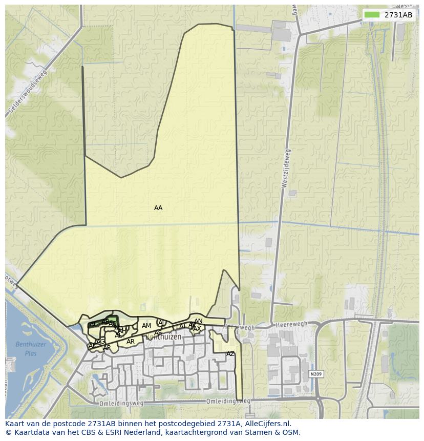 Afbeelding van het postcodegebied 2731 AB op de kaart.