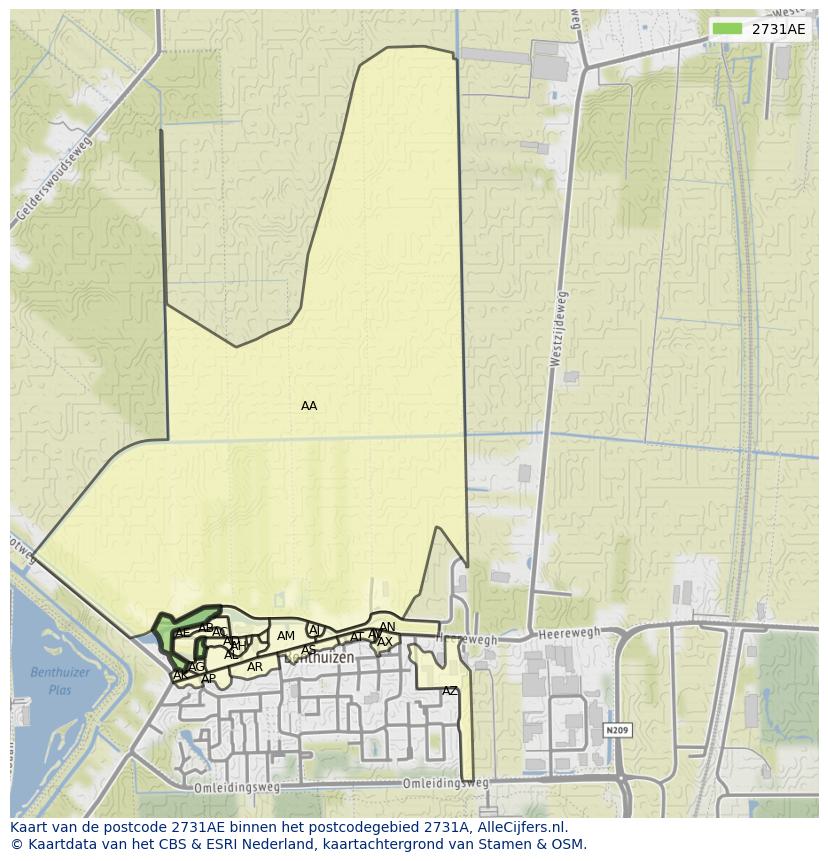 Afbeelding van het postcodegebied 2731 AE op de kaart.
