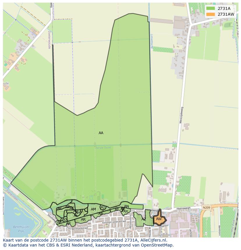 Afbeelding van het postcodegebied 2731 AW op de kaart.