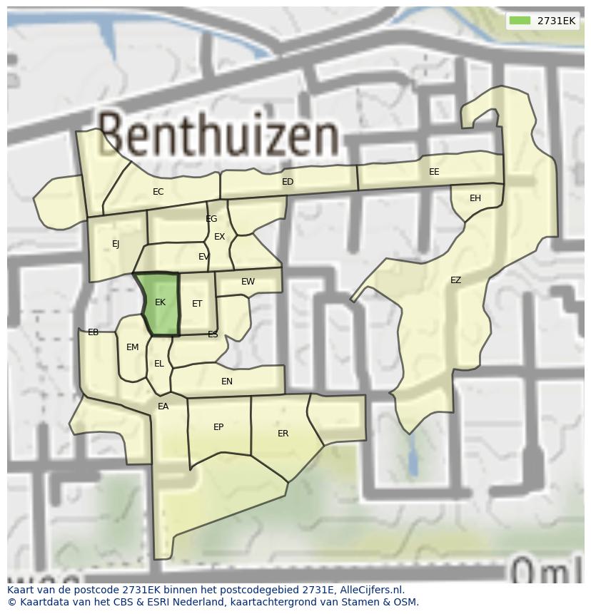 Afbeelding van het postcodegebied 2731 EK op de kaart.