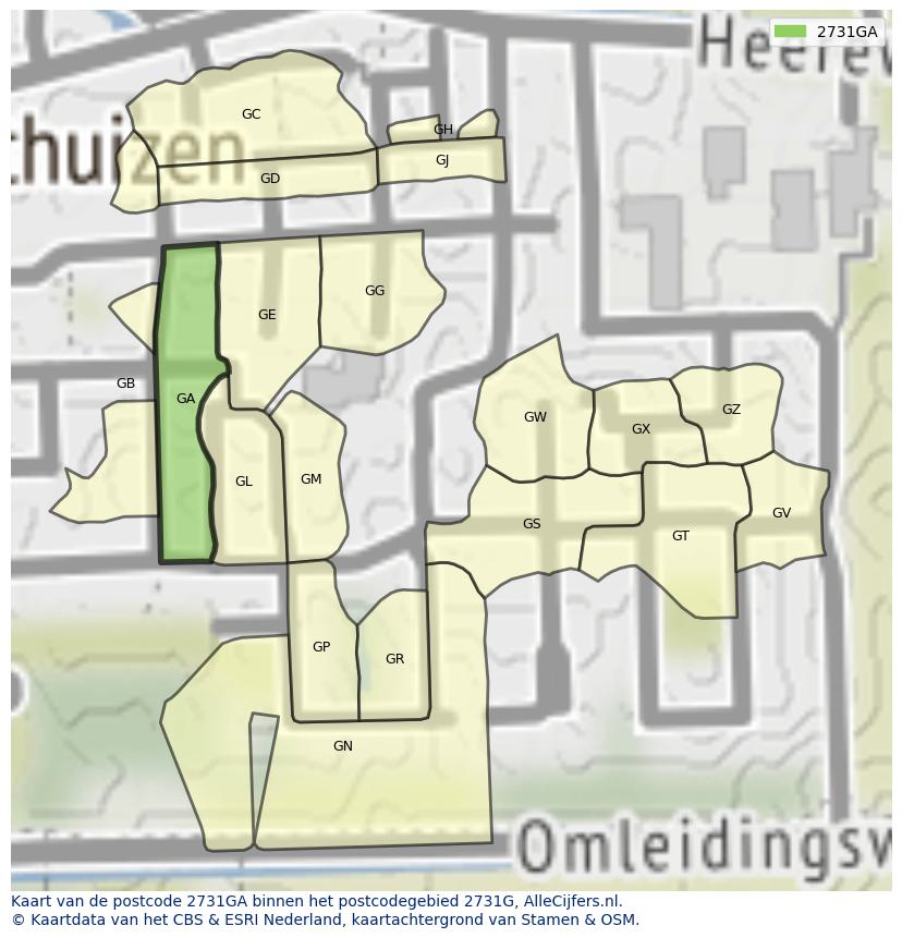 Afbeelding van het postcodegebied 2731 GA op de kaart.