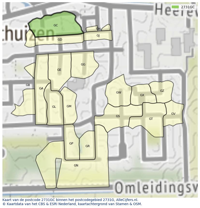 Afbeelding van het postcodegebied 2731 GC op de kaart.