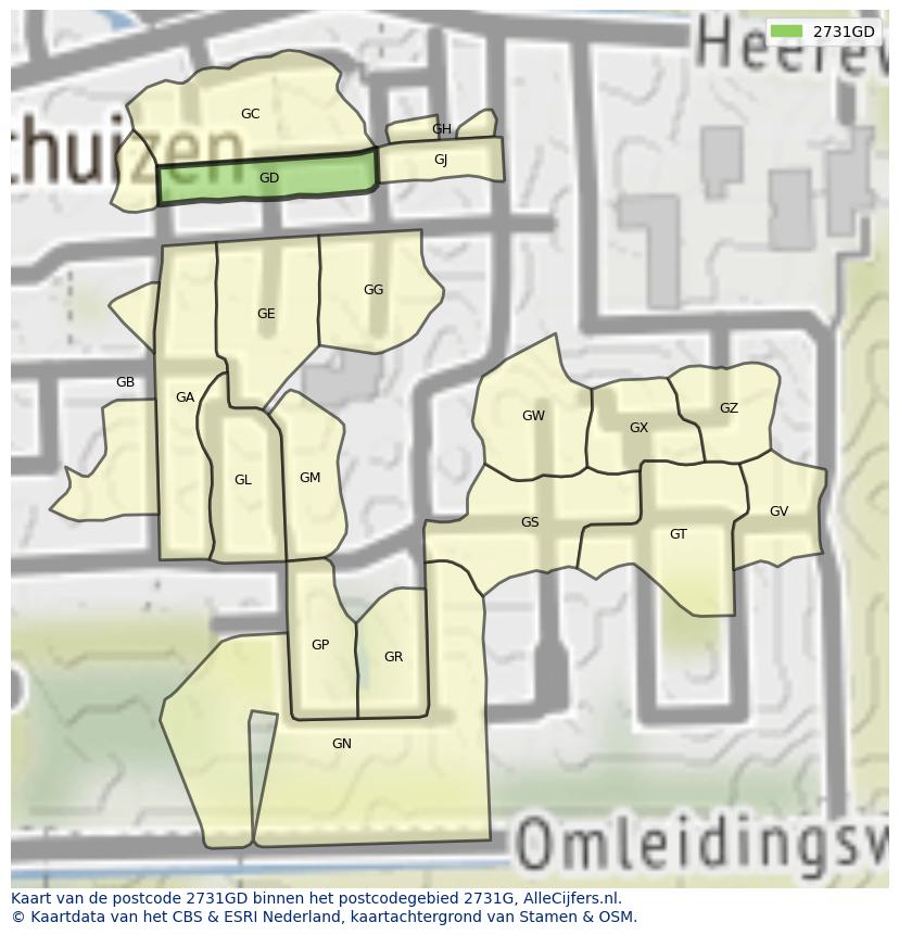 Afbeelding van het postcodegebied 2731 GD op de kaart.