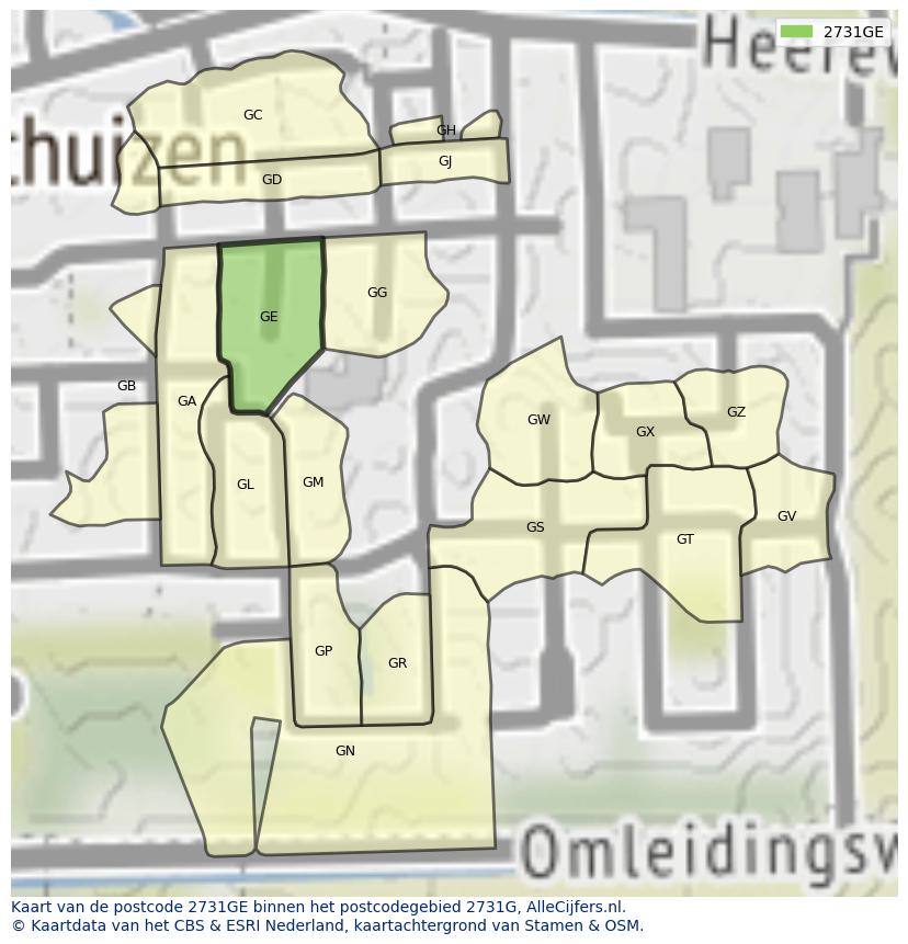 Afbeelding van het postcodegebied 2731 GE op de kaart.
