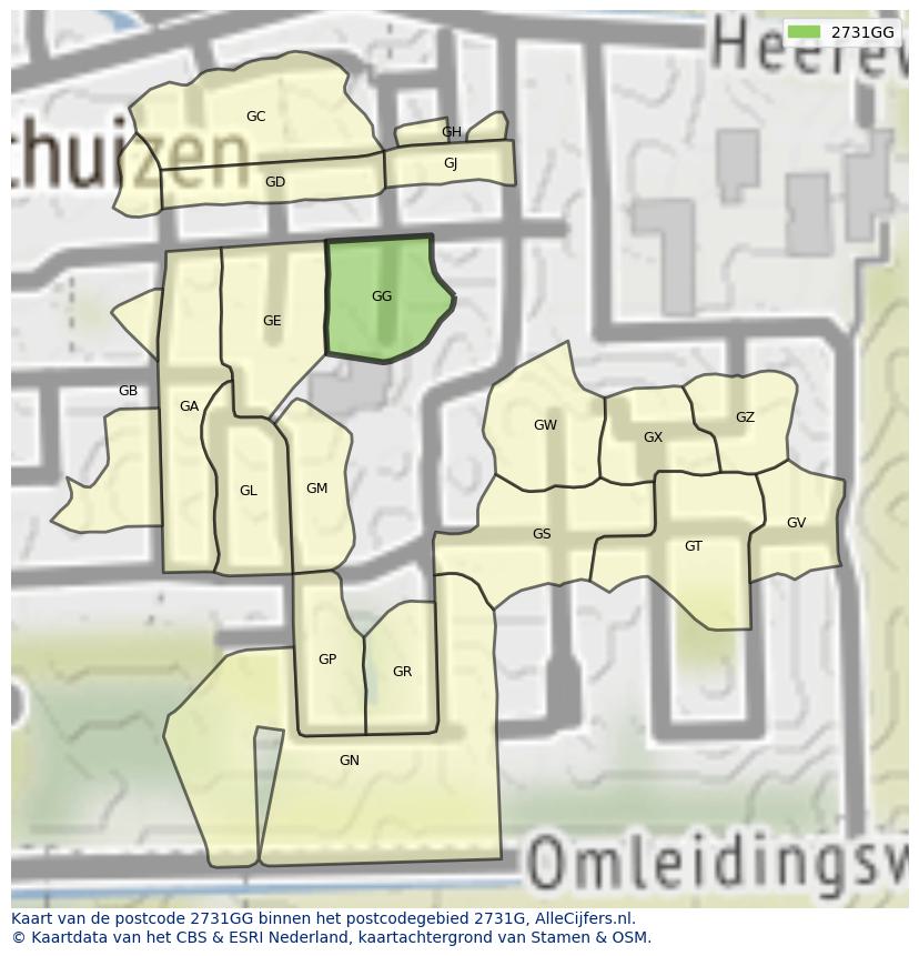 Afbeelding van het postcodegebied 2731 GG op de kaart.