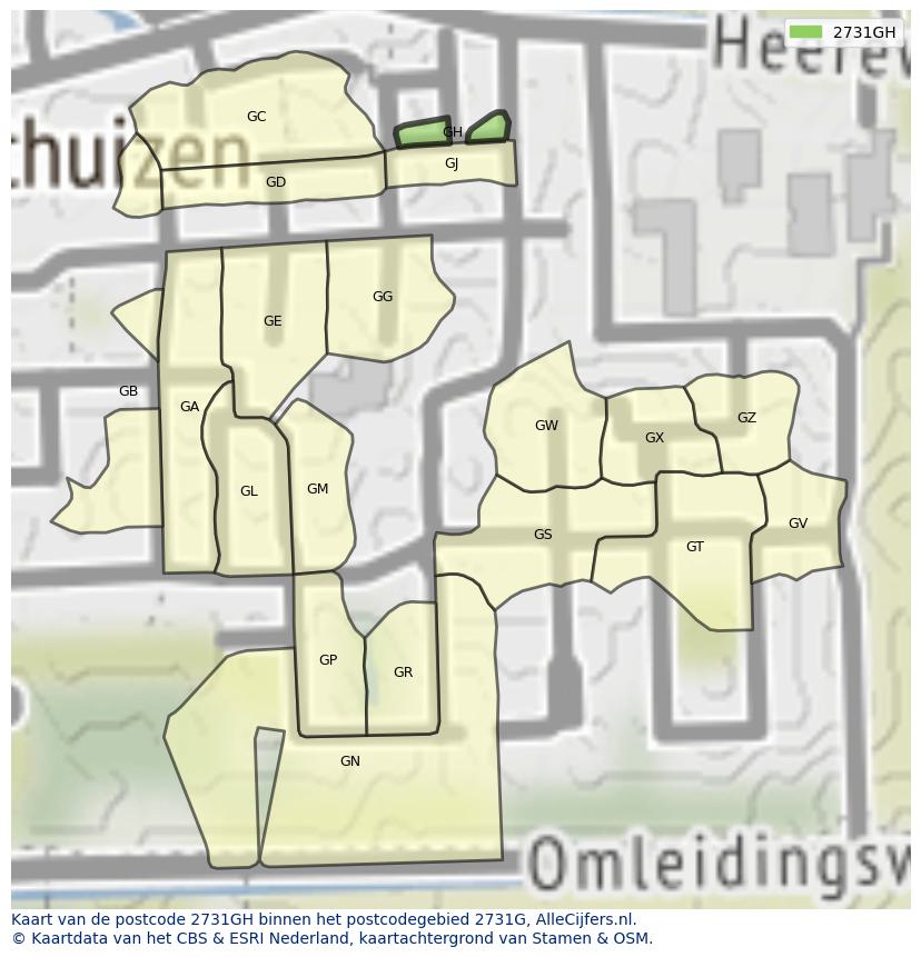 Afbeelding van het postcodegebied 2731 GH op de kaart.