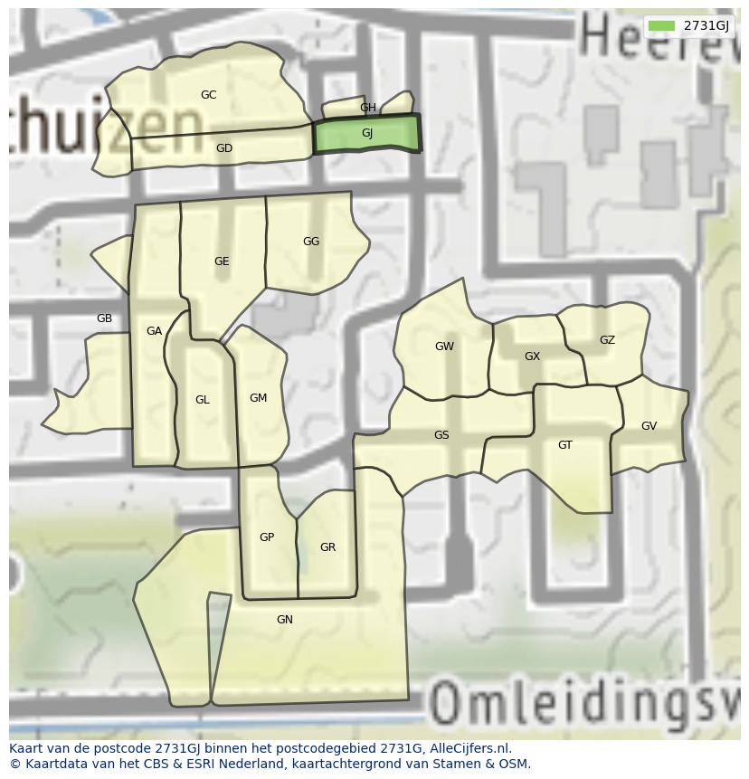 Afbeelding van het postcodegebied 2731 GJ op de kaart.
