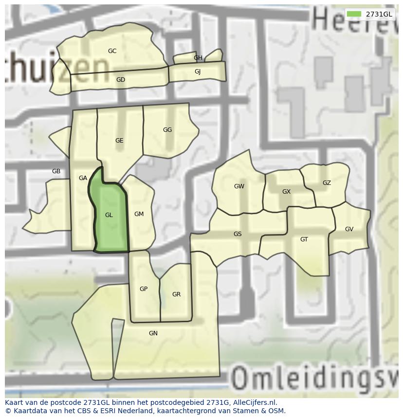 Afbeelding van het postcodegebied 2731 GL op de kaart.