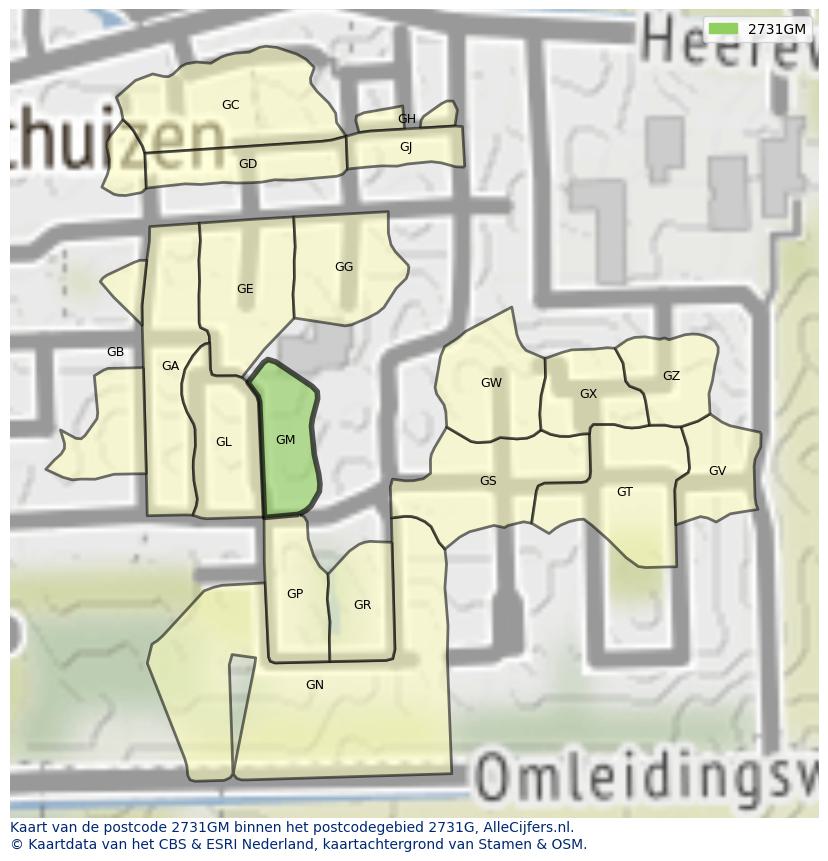 Afbeelding van het postcodegebied 2731 GM op de kaart.
