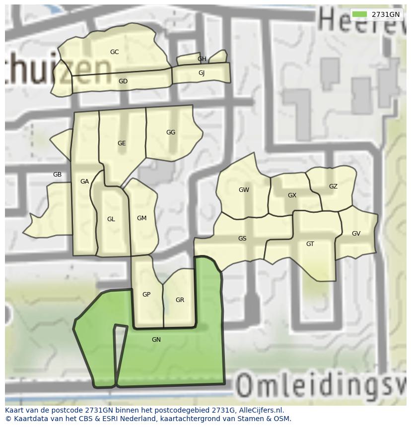 Afbeelding van het postcodegebied 2731 GN op de kaart.