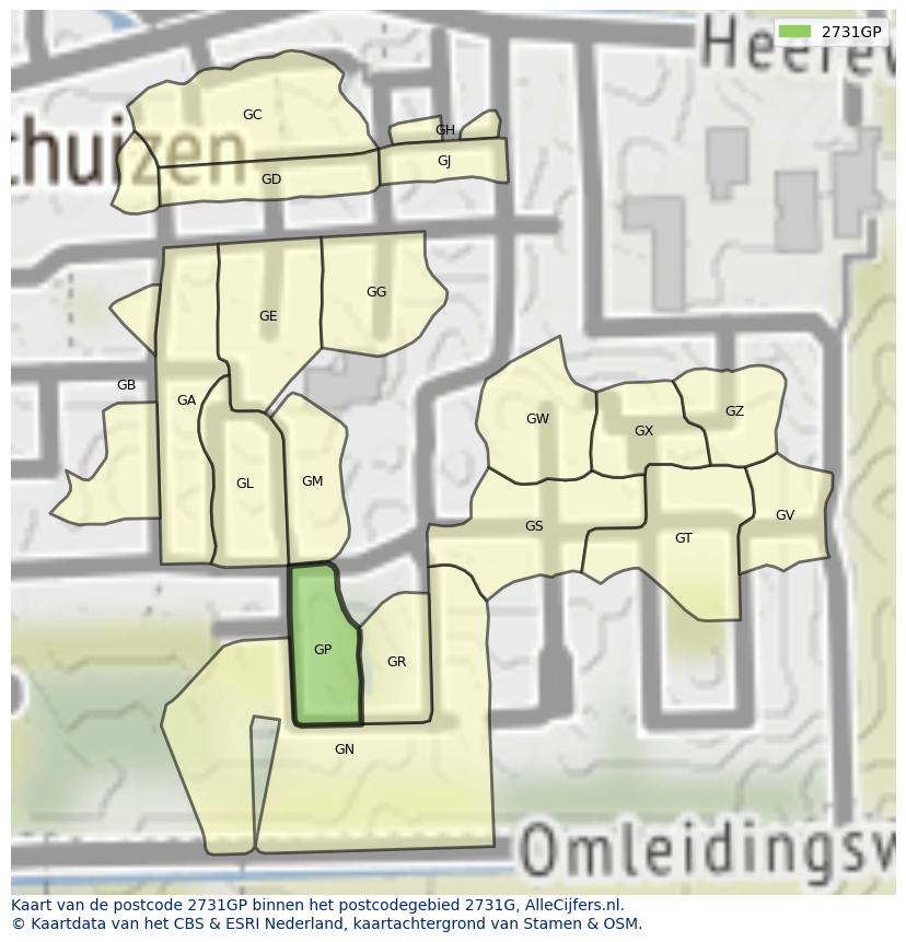 Afbeelding van het postcodegebied 2731 GP op de kaart.