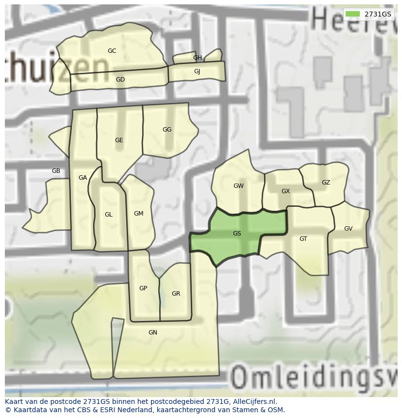 Afbeelding van het postcodegebied 2731 GS op de kaart.