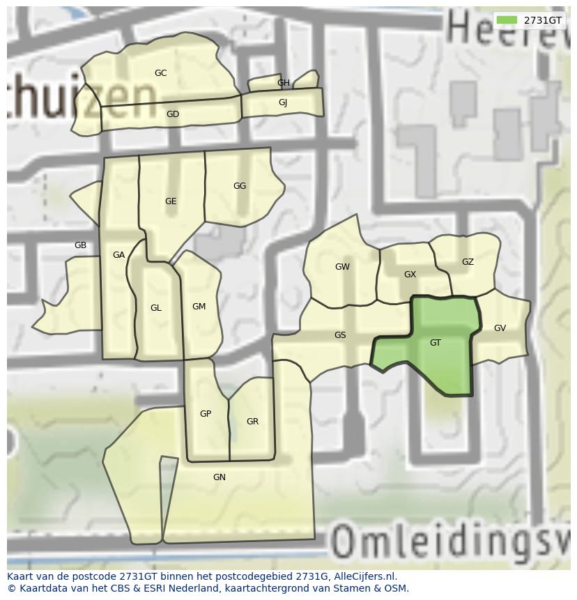 Afbeelding van het postcodegebied 2731 GT op de kaart.