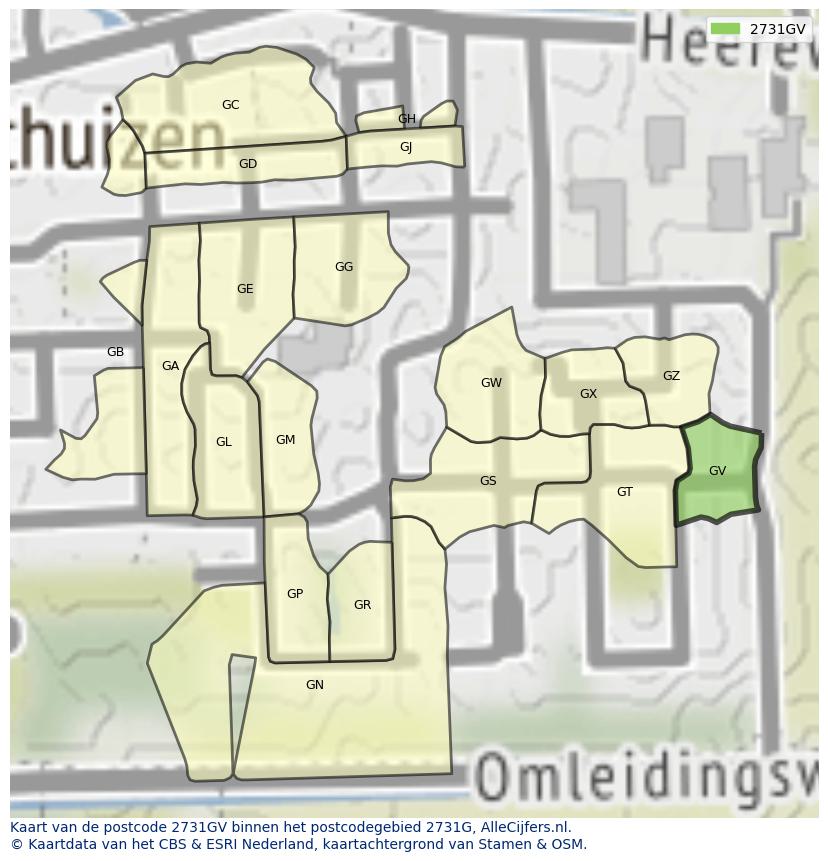 Afbeelding van het postcodegebied 2731 GV op de kaart.